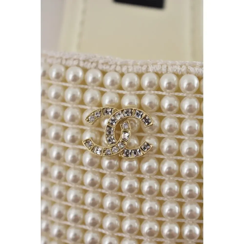 Chanel 25P Ivory White Pearl Embroidery CC Logo Slide Slip Sandal Mule Flat 36.5